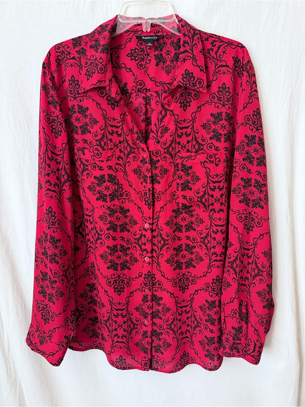 Relativity Red Black Baroque Damask Button Blouse XL